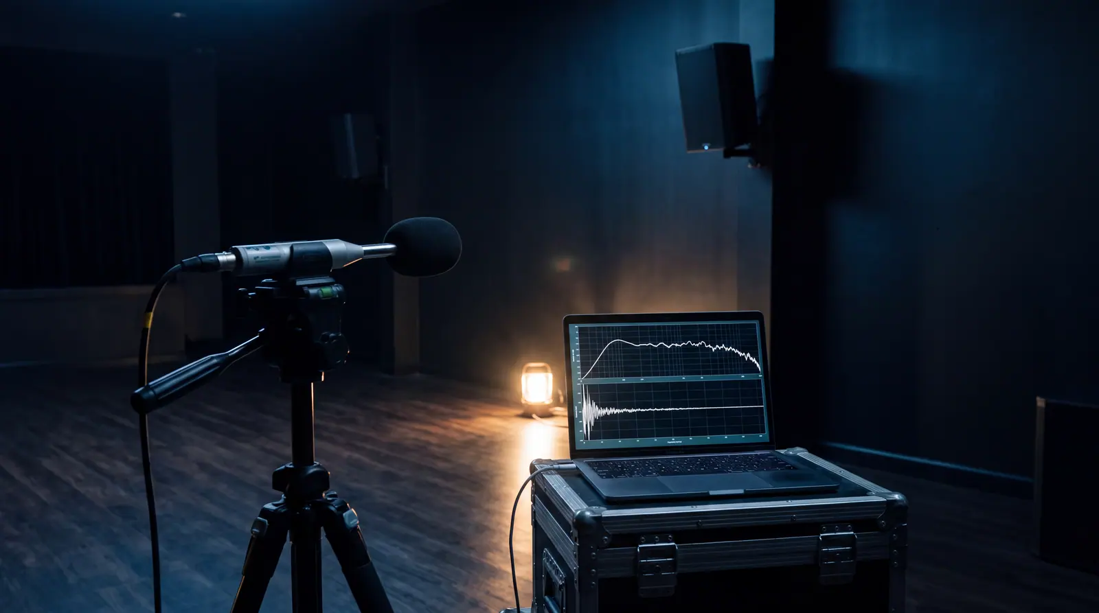 Design concept: a calibrated measurement microphone on a tripod in an empty venue during system commissioning.