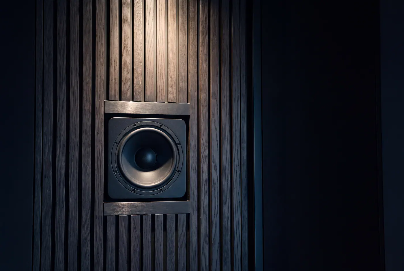 Design concept: a loudspeaker recessed flush into fluted oak and blackened steel millwork.