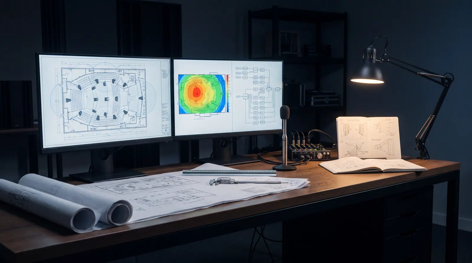 Design concept: a system-design workspace with an architectural ceiling plan, loudspeaker coverage mapping, and signal-flow documentation.