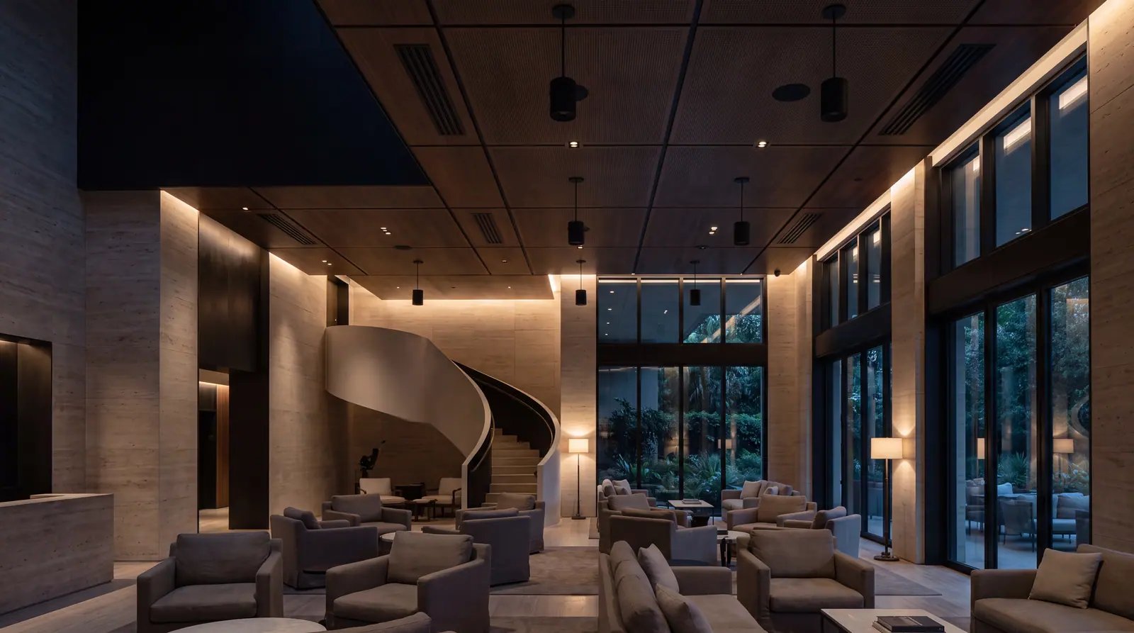Design concept: an evening hotel lobby lounge with discreet ceiling loudspeakers integrated into the ceiling grid.