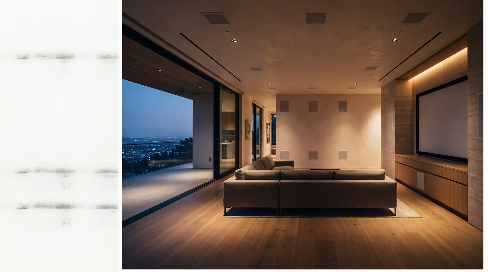 Design concept: a hillside residence entertainment space at dusk with flush trimless architectural loudspeakers.